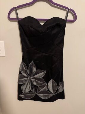 Jessica McClintock Black Strapless Mini Dress with Silver Floral Appliqué